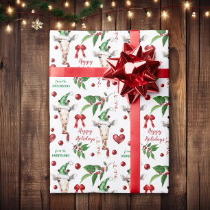 Funny Giraffe Santa Hat Holly Heart Cadeaupapier