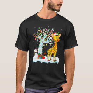 Funny Giraffe Xmas Tree Lighting Santa Hat Giraffe T-shirt