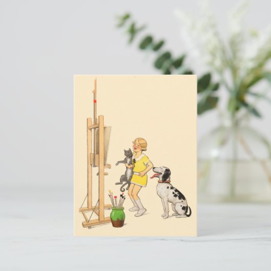 Funny Girl, Dog Cat Print Georges Redon Briefkaart (Staand voorkant)