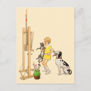 Funny Girl, Dog Cat Print Georges Redon Briefkaart