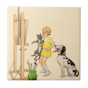 Funny Girl, Dog Cat Print Georges Redon Tegeltje