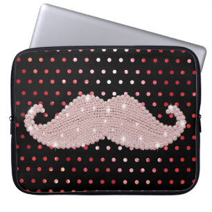 Funny Girly Pink Bling Mustache Polka Dots Pattern Laptop Sleeve