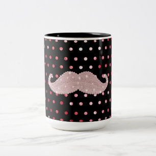 Funny Girly Pink Bling Mustache Polka Dots Pattern Tweekleurige Koffiemok