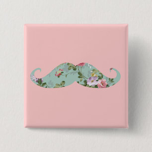 Funny Girly Red Pink Floral Mustache Vierkante Button 5,1 Cm