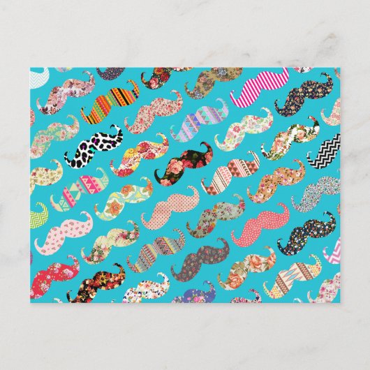 Funny Girly Turquoise Floral Aztec Mustaches Briefkaart (Voorkant)