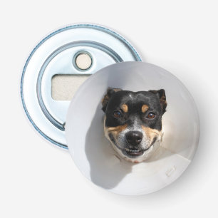 Funny glimlachte hond button flesopener