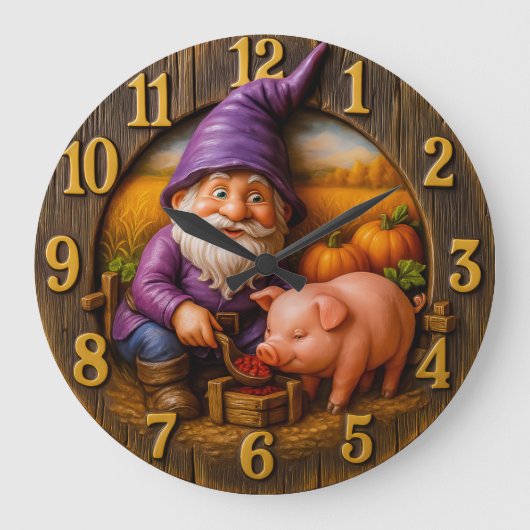 Funny Gnome and Pig in Autumn Harvest Scene clock Grote Klok (Voorkant)