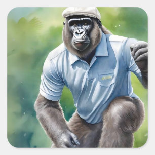 Funny Gorilla in Tan Pet Blauw Shirt Spelen Golf Vierkante Sticker