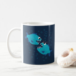 Funny Gossiping Blue Cartoon Piranha Fish Koffiemok