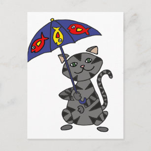 Funny Gray Tabby Cat Holding Umbrella Briefkaart