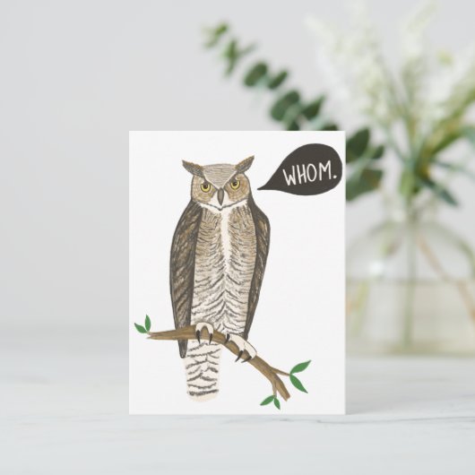 Funny Great Horned Owl WHOM Grammar Briefkaart (Staand voorkant)