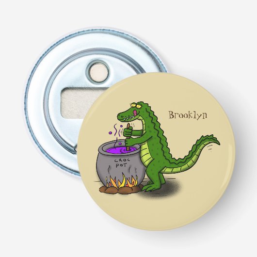 Funny green alligator kook cartoon button flesopener (Voorkant)
