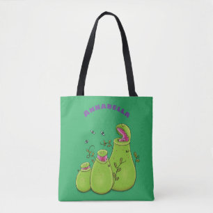 Funny green carnivorous pitcher planten cartoon draagtas