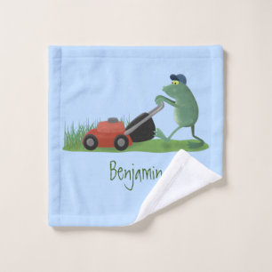 Funny green frog mowing grawn cartoon bad handdoek