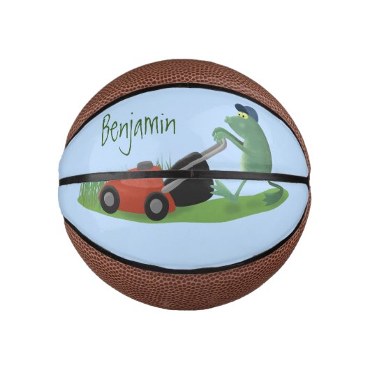 Funny green frog mowing grawn cartoon basketbal (Voorkant)