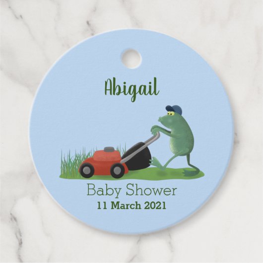 Funny green frog mowing grawn cartoon bedankjes labels (Voorkant)