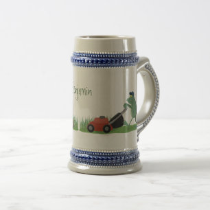 Funny green frog mowing grawn cartoon bierpul