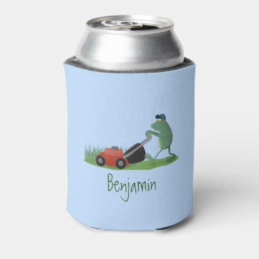 Funny green frog mowing grawn cartoon blikjeskoeler (Blikje Achterkant)