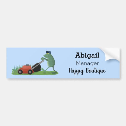 Funny green frog mowing grawn cartoon bumpersticker (Voorkant)