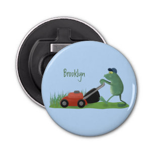 Funny green frog mowing grawn cartoon button flesopener
