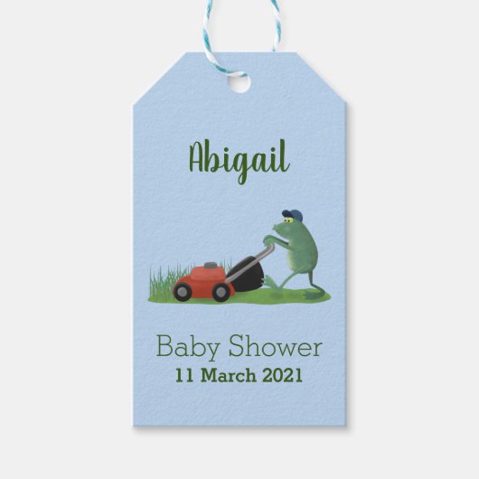 Funny green frog mowing grawn cartoon cadeaulabel (Voorkant)