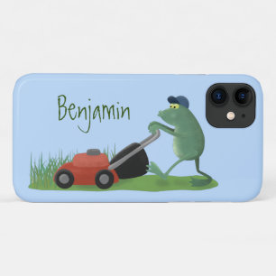 Funny green frog mowing grawn cartoon iPhone 11 hoesje