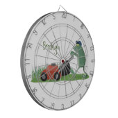 Funny green frog mowing grawn cartoon dartbord (Voorkant Links)