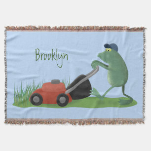 Funny green frog mowing grawn cartoon deken
