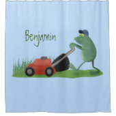 Funny green frog mowing grawn cartoon douchegordijn (Voorkant)