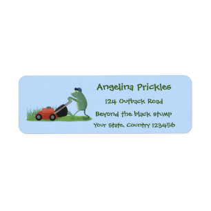 Funny green frog mowing grawn cartoon etiket