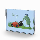 Funny green frog mowing grawn cartoon fotoblokken (Rechts)