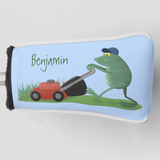 Funny green frog mowing grawn cartoon golfheadcover (Voorkant)