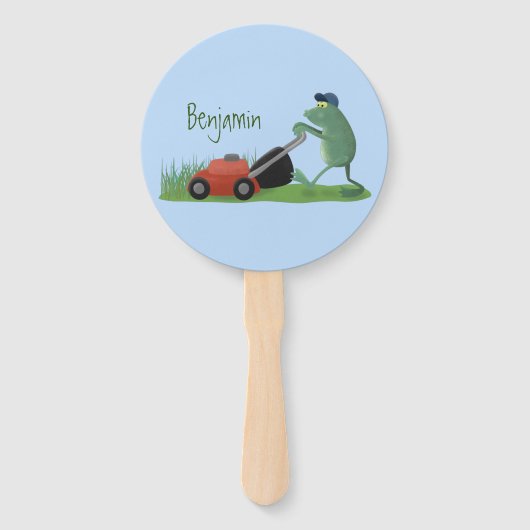 Funny green frog mowing grawn cartoon handwaaier (Voorkant)
