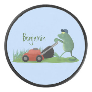 Funny green frog mowing grawn cartoon hockey puck