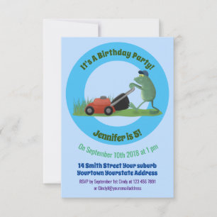 Funny green frog mowing grawn cartoon kaart