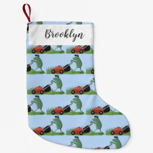Funny green frog mowing grawn cartoon kleine kerstsok