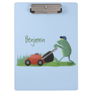 Funny green frog mowing grawn cartoon klembord