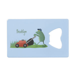 Funny green frog mowing grawn cartoon kredietkaart flessenopener