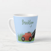 Funny green frog mowing grawn cartoon latte mok (Linkerhoek)