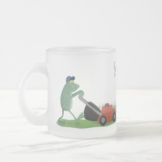 Funny green frog mowing grawn cartoon matglas koffiemok (Links)