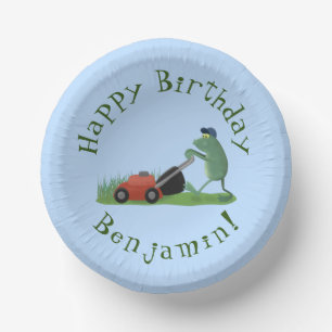 Funny green frog mowing grawn cartoon papieren kommen