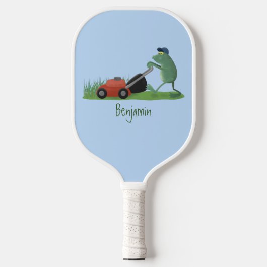 Funny green frog mowing grawn cartoon pickleball paddle (Voorkant)