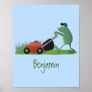 Funny green frog mowing grawn cartoon poster