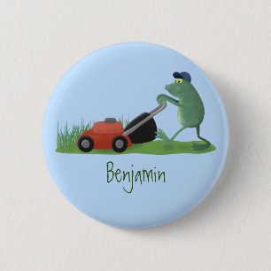 Funny green frog mowing grawn cartoon ronde button 5,7 cm
