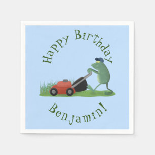 Funny green frog mowing grawn cartoon servet