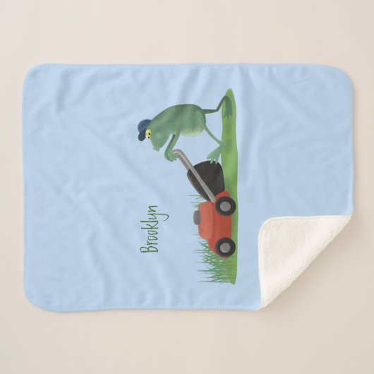 Funny green frog mowing grawn cartoon sherpa deken (Voorkant (horizontaal))