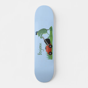 Funny green frog mowing grawn cartoon skateboard