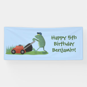 Funny green frog mowing grawn cartoon spandoek
