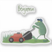 Funny green frog mowing grawn cartoon sticker (Voorkant)