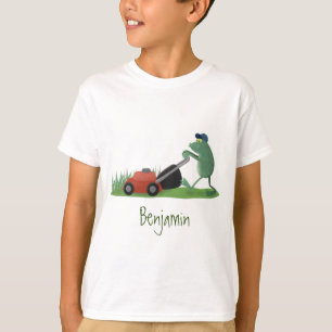 Funny green frog mowing grawn cartoon t-shirt